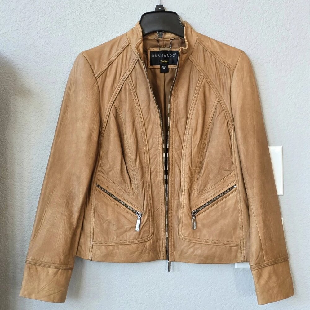 100% Genuine Leather Scuba Biker Jacket, Caramel, Bernardo, Medium Petite, FLAW